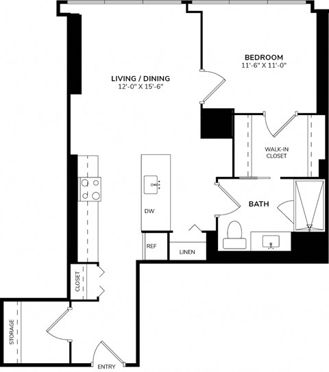 A black and white image of a floor plan for a home with a bedroom, living/dining area, bathroom, and storage.